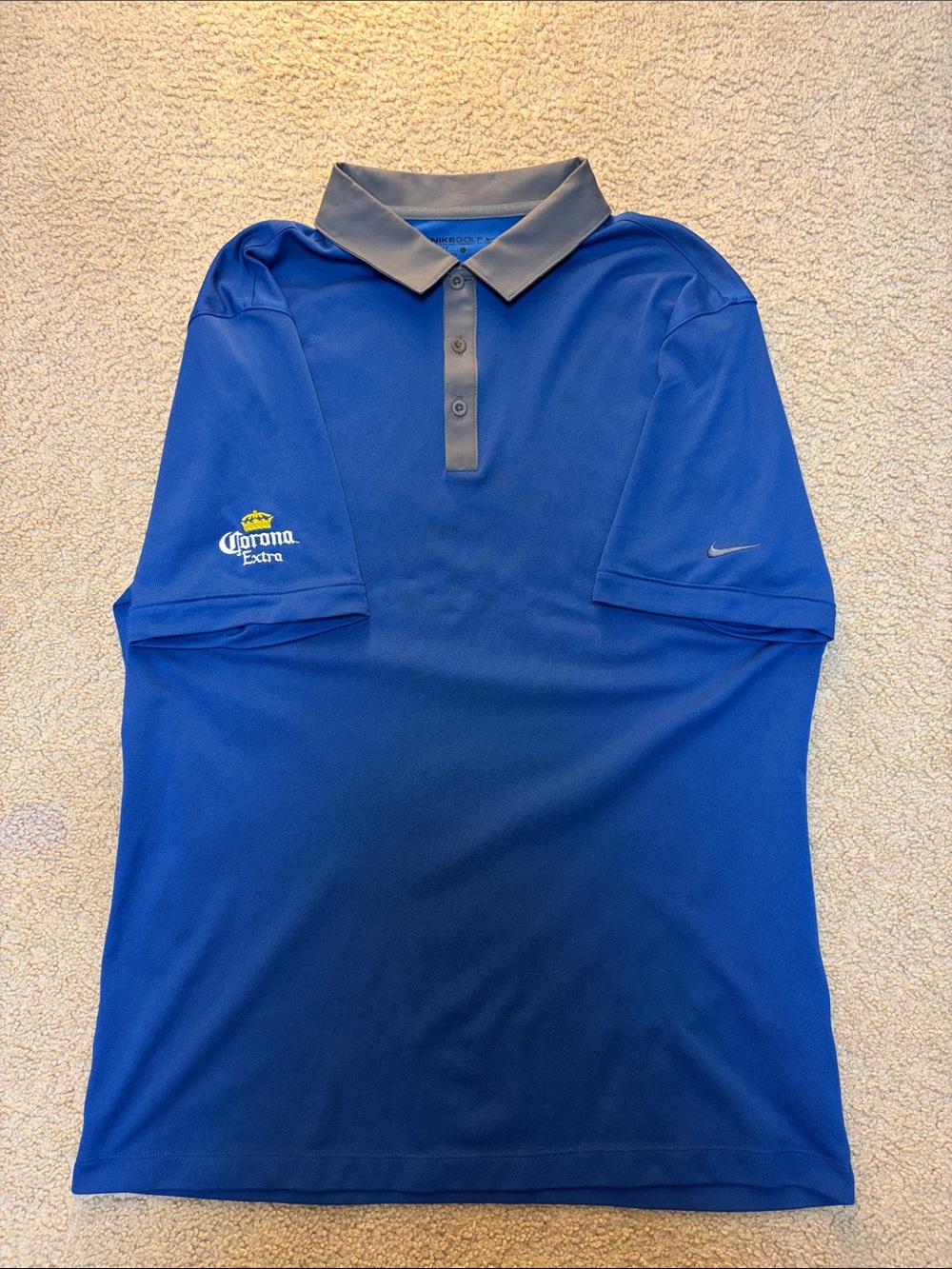 Nike Men’s Royal Blue Polo with Gray Collar and Corona Extra Sleeve Logo